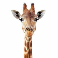Funny giraffe posing with curious expression on white background photo