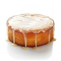 Round cake with dripping icing reflecting on a white background photo
