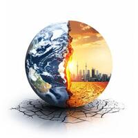 Planet earth splitting in two showing climate change impact photo