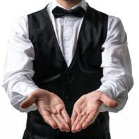 Waiter showing something with open empty hands gesture on white background photo