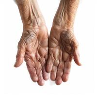 Senior showing his open hands with palms up photo
