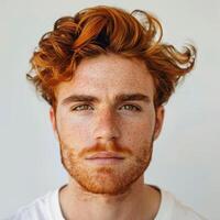 Portrait of young redhead man with freckles posing on white background photo