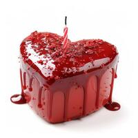 Heart shaped cake covered in red icing dripping with candle on top photo