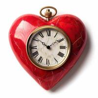 Red heart shaped clock showing time passing on white background photo