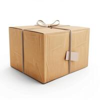 Cardboard box tied with string and label on white background photo