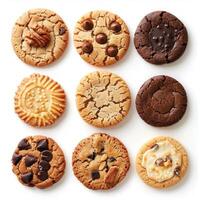 Delicious assorted cookies forming a square grid on white background photo