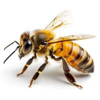 Honey bee standing on white background showing wings and legs photo