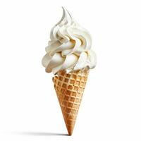 Delicious soft serve ice cream standing in waffle cone on white background photo
