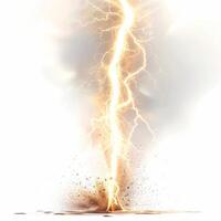 Lightning bolt striking ground with debris and bright light photo