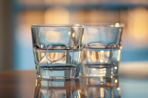 Two glasses standing on table and reflecting warm light photo