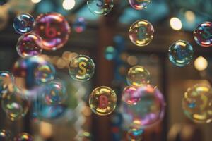 Colorful soap bubbles floating with letters inside representing vitamins and minerals photo