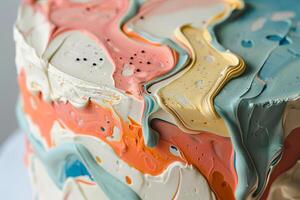Delicious buttercream frosting creating colorful swirls on cake photo