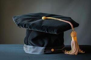 Black graduation cap sitting on a table representing completing a degree photo