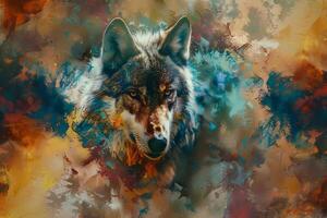 Wolf portrait emerging from colorful paint splatters photo