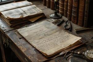 Old handwritten documents resting on desk with antique books and objects photo