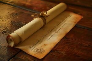 Ancient scroll lying on a rustic wooden table is showing its age photo