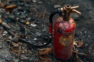 Old damaged fire extinguisher lying on the ground after fighting a fire photo