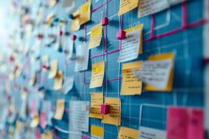 Scrum board showing agile methodology with user stories being developed photo