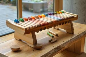 Wooden xylophone toy sitting on table is waiting to be played photo