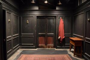Old elevator with red jacket hanging in dark hallway photo