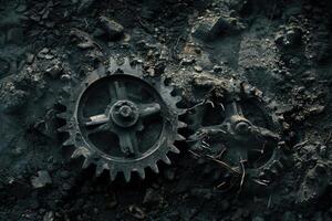 Two rusty gears lying on dark ground covered in dust and dirt photo