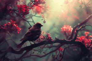 Small bird perched on branch surrounded by red flowers photo