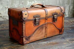 Old leather suitcase sitting on rustic wooden floor photo