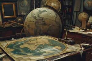 Antique terrestrial globe and world map lying on desk in workshop photo