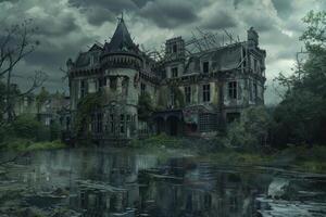 Abandoned haunted mansion reflecting in swamp on stormy day photo