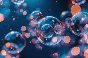 Transparent soap bubbles floating reflecting light bokeh effect photo
