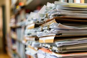 Stack of folders and paperwork overflowing in office filing system photo