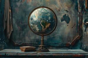 Antique globe standing on rustic wooden table with books in moody interior photo