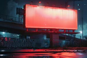 Red empty billboard shining in abandoned city at night photo