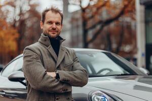 Successful businessman posing with arms crossed in front of new luxury car photo