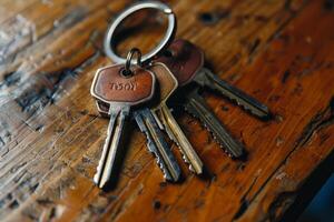 Bunch of keys lying on rustic wooden tabletop photo