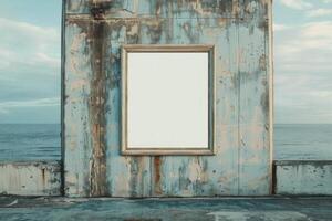 Blank canvas displaying on weathered wall by the sea, promoting artistic expression photo