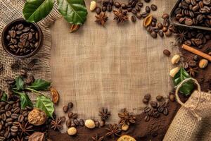 Coffee beans, ground coffee, spices, nuts and green coffee leaves creating a frame on burlap background photo