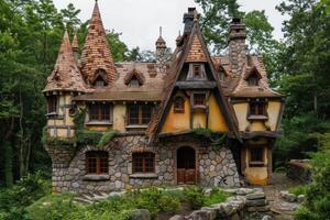 Fairytale stone house with turrets nestled in a lush forest photo