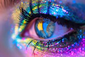 Glittering makeup reflecting in a woman's eye creating a colorful and sparkling effect photo