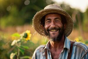 Happy farmer smiling in sunflower field at sunset photo