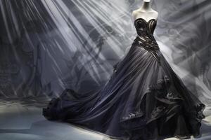 Elegant dark gown displayed on mannequin in softly lit room photo