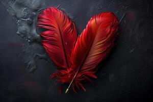 Two red feather pens forming heart shape on black background photo