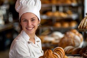 Baker smiling while holding freshly baked bread in a bakery photo