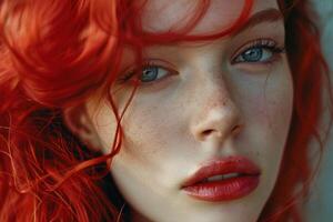 Portrait of caucasian model showing intense gaze and freckles photo