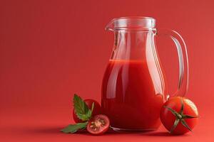 Glass pitcher full of fresh tomato juice with ripe tomatoes on red background photo