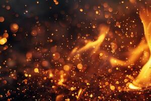 Burning fire flames with flying sparks and bokeh effect creating dramatic background photo