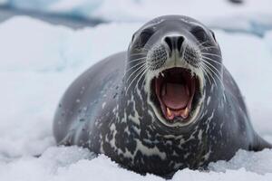 Leopard seal showing teeth lying on ice in antarctica photo
