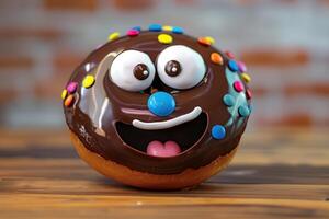 Chocolate donut with funny face smiling on wooden table photo