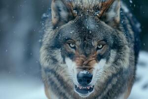 Eurasian wolf snarling while snowing in winter forest photo