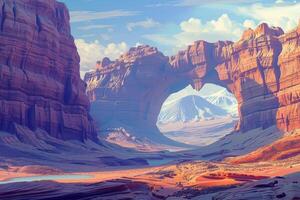 Majestic sandstone arch framing snowy mountain peak in desert landscape photo